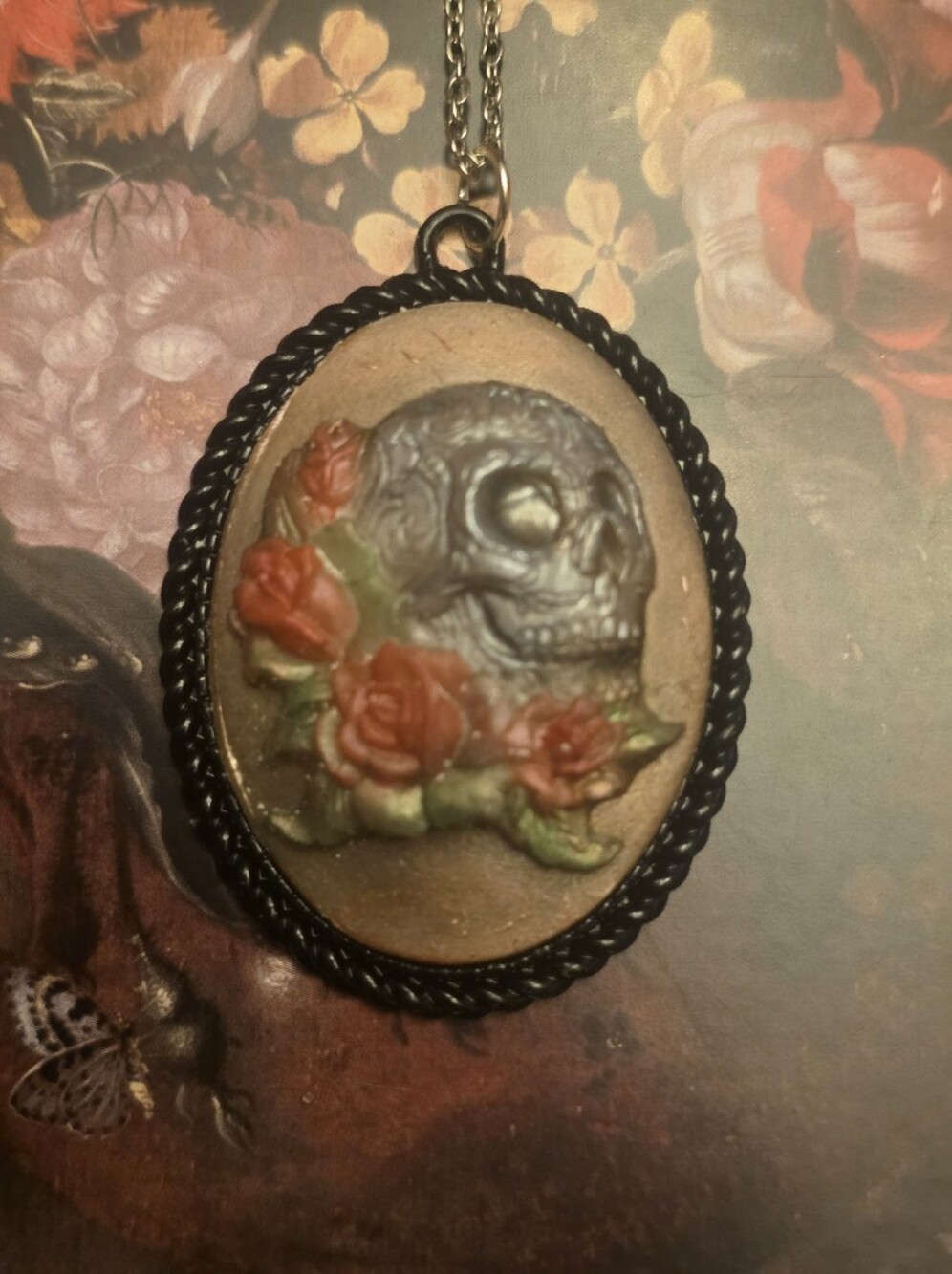 Red Rose Sugar Skull On Golden Background On Black Frame & Silver Chain Becklace